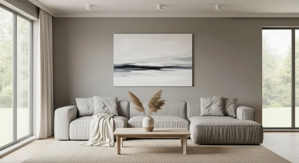 Gray living room designed as a calm sanctuary with soft textures, minimal decor, and peaceful lighting
