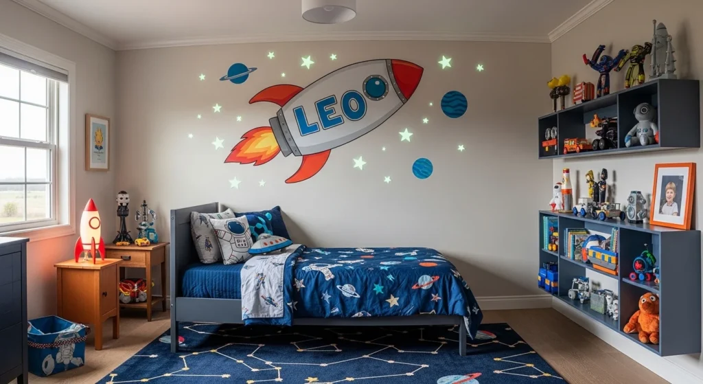 custom kids bedroom with name wall decor and personalized theme