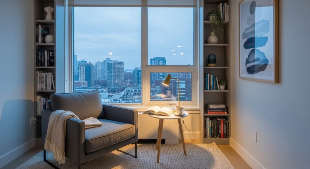 Comfortable reading corner setup inside apartment with chair and warm lighting