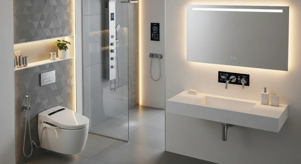 Small bathroom with smart faucet and compact toilet, high-tech modern 2026 interior