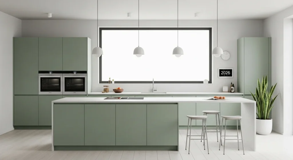 Minimalist kitchen with soft green cabinets and clean modern layout for 2026
