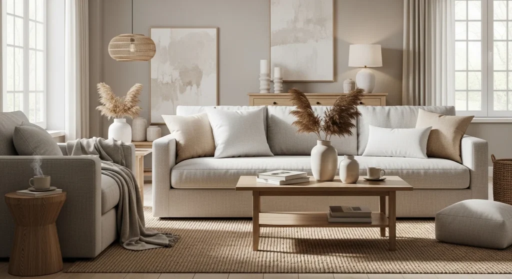 Relaxing modern living room with soft neutral colors, cozy sofa, and natural textures, perfect for everyday living in 2026