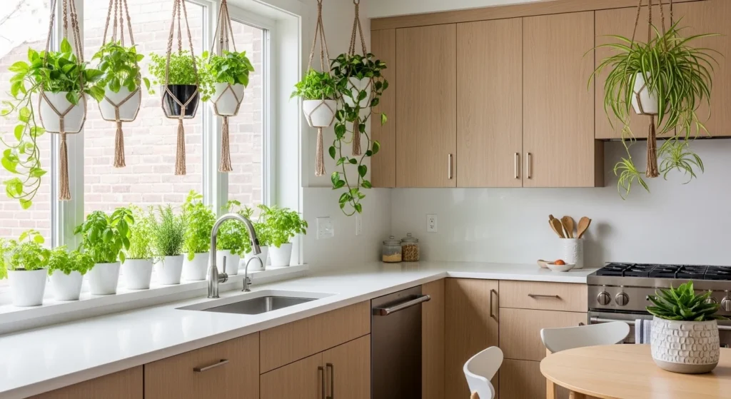 Modern kitchen featuring indoor plants and herb garden on windowsill, light cabinetry, and natural lighting for fresh 2026 interiors