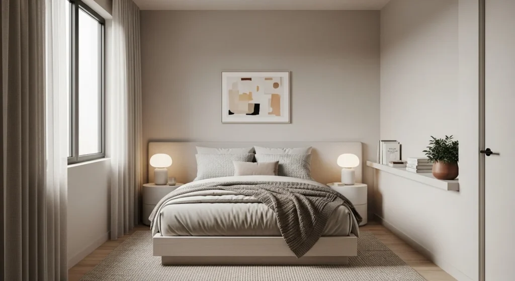 small bedroom designed for everyday comfort with organized layout and neutral styling