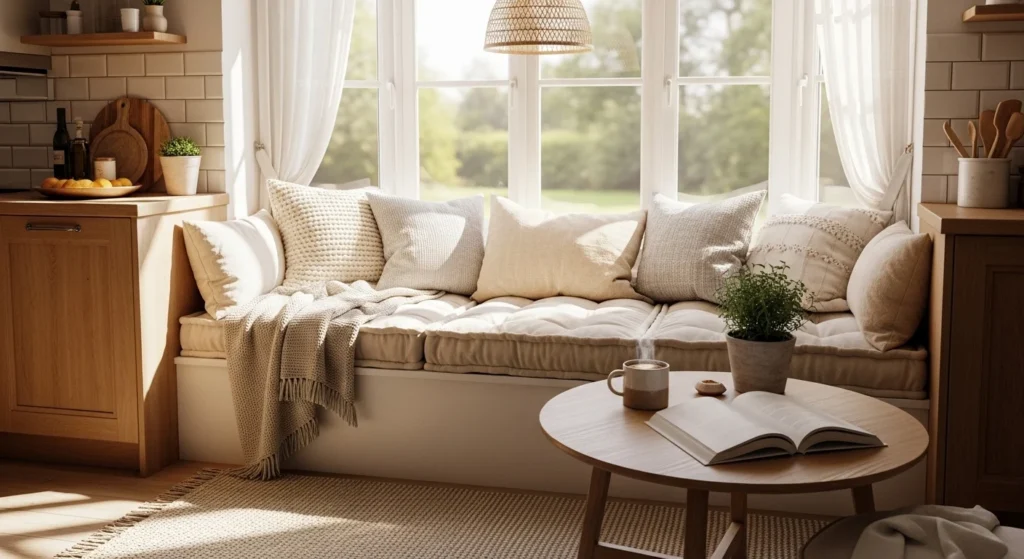Cozy kitchen featuring comfortable window seating with natural sunlight