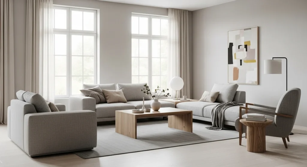Peaceful gray living room designed for comfort and everyday relaxation.