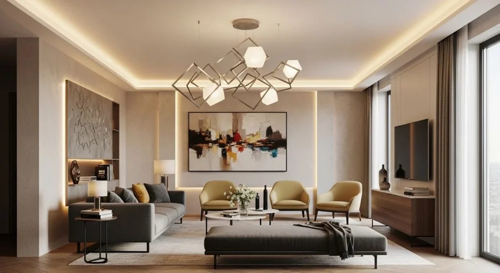 Contemporary apartment living room showcasing artistic modern lighting design