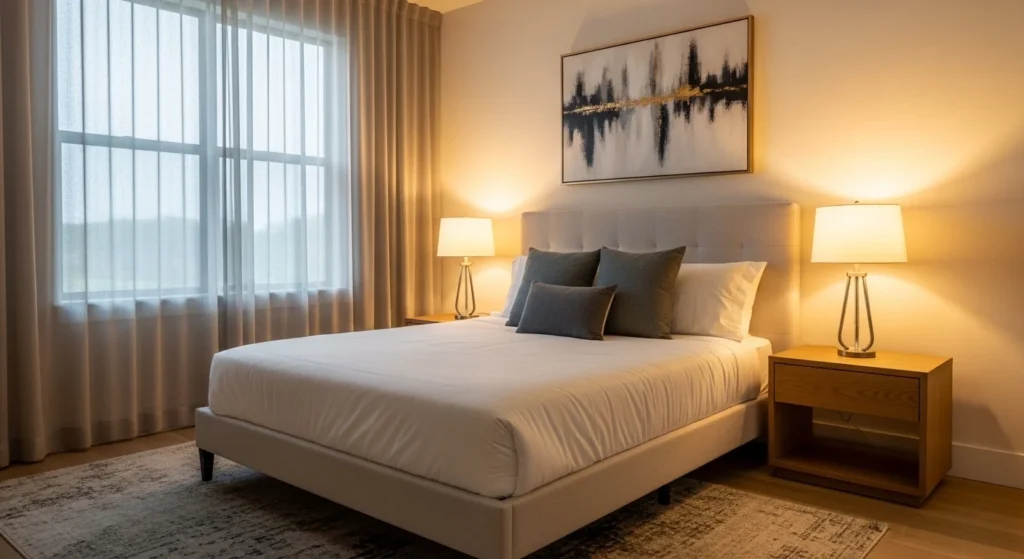 Guest bedroom with smart lighting system and cozy ambient glow