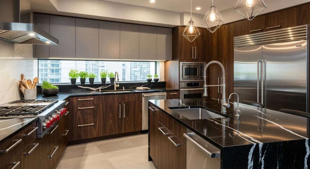 Contemporary kitchen combining wood, stone, and metal materials for a luxury look.