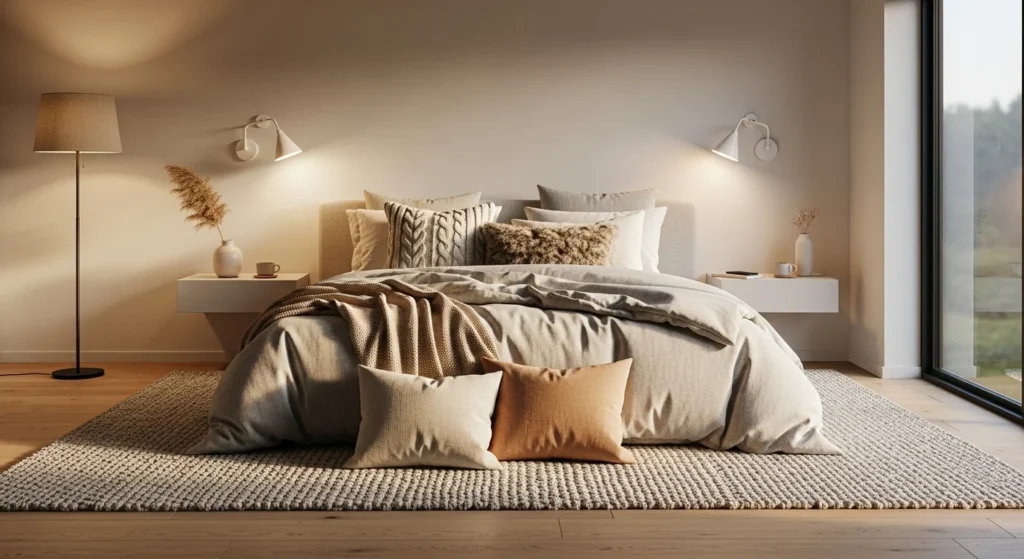 Peaceful cozy bedroom combining warm lighting, layered textiles and neutral tones for ultimate comfort