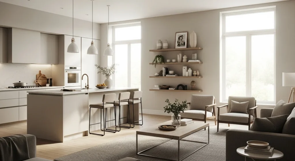 Modern open kitchen living room decorated with stylish floating shelves