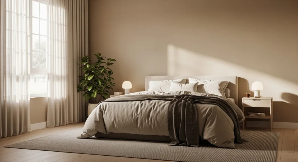 Cozy minimalist bedroom styled in warm beige tones for a modern 2026 look