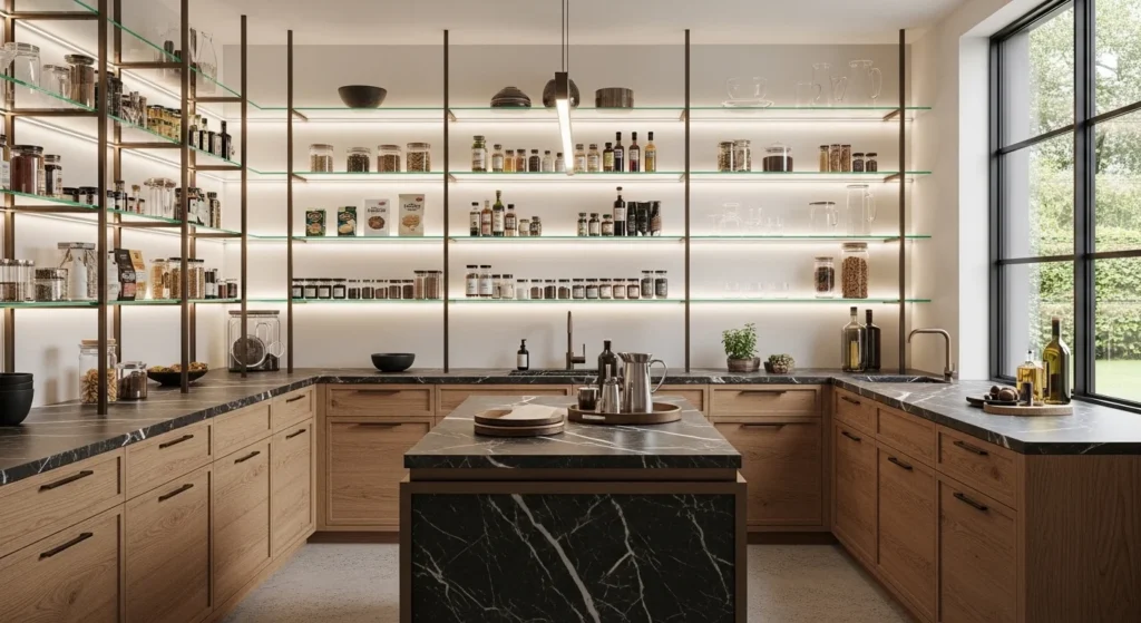 walk-in pantry combining wood metal and glass shelving elements