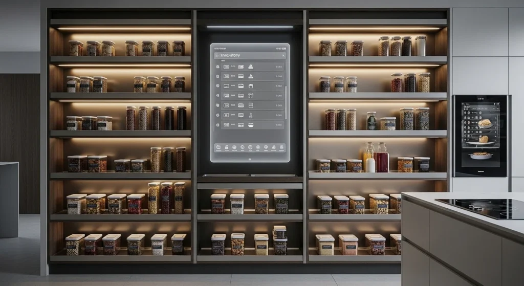 Modern smart pantry with automated lighting and digital kitchen organization features