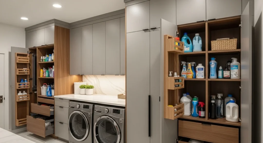 Custom built-in pantry cabinetry designed for modern laundry room storage