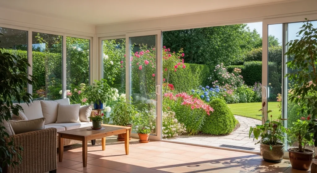 Sunroom opening directly to garden with glass doors and sunlight