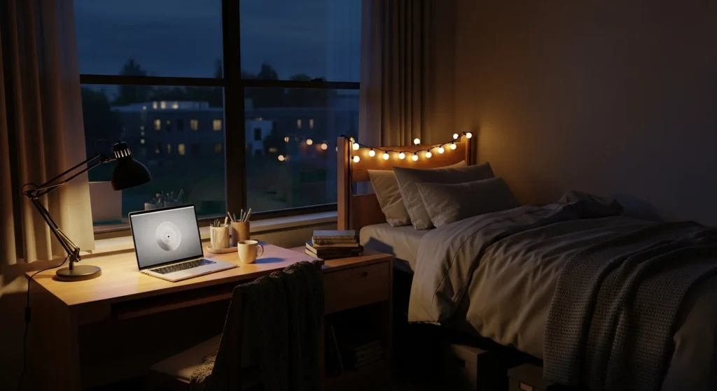Dorm room with soft nighttime lighting, cozy bedding, and relaxing ambiance