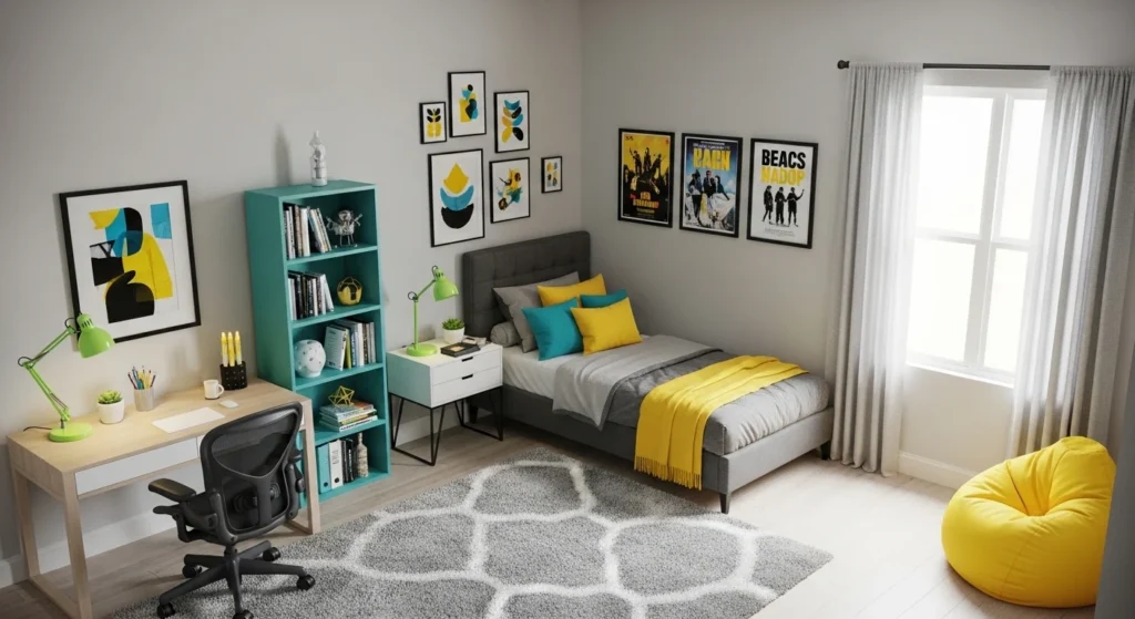 : Teen bedroom with bold colorful accents and modern decor