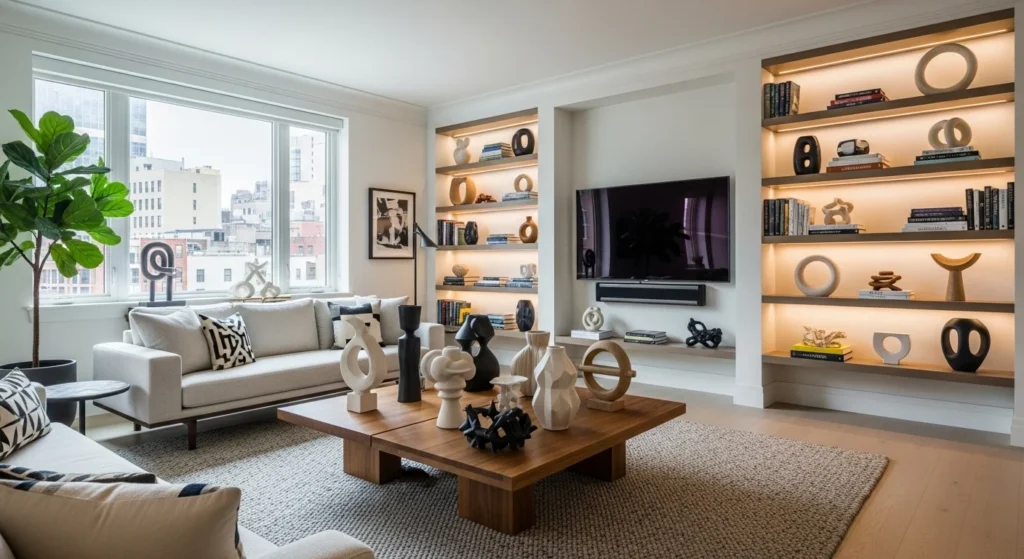 Living room with sculptural decor pieces on coffee table and shelves