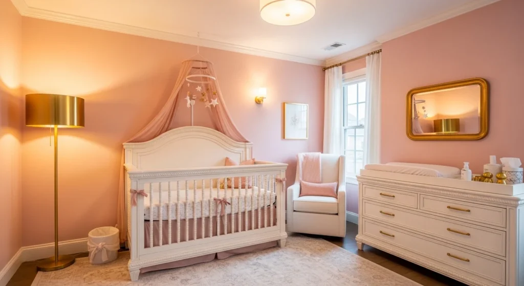 Elegant nursery with blush walls, gold accents and warm lighting