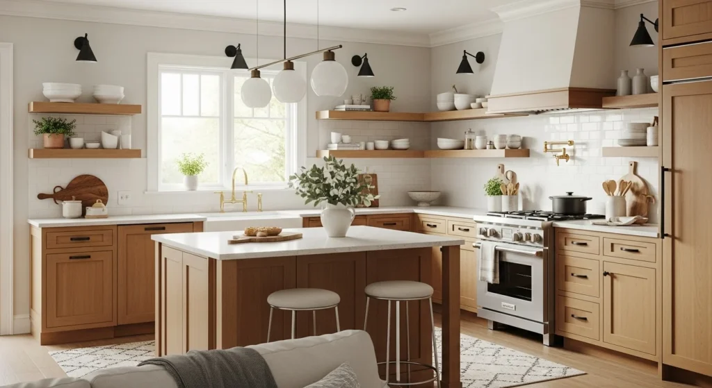 Warm maple kitchen with open shelving and functional layout, modern cozy 2026 interior
