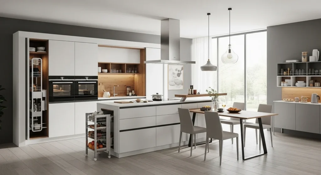 Modern kitchen with movable island, sliding panels, hidden storage, and integrated dining area for versatile 2026 layout