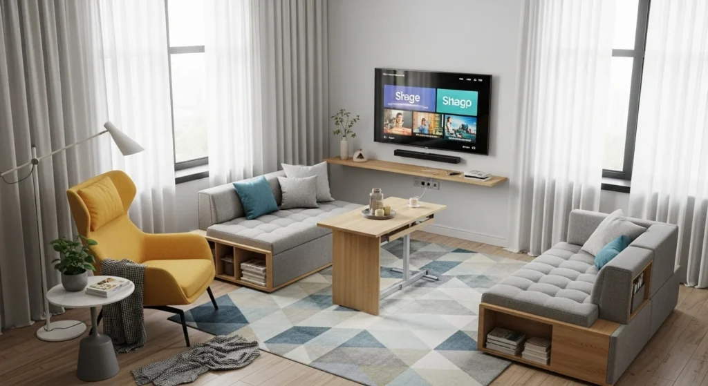 Compact living room with zoned layout using rugs and lighting to define areas