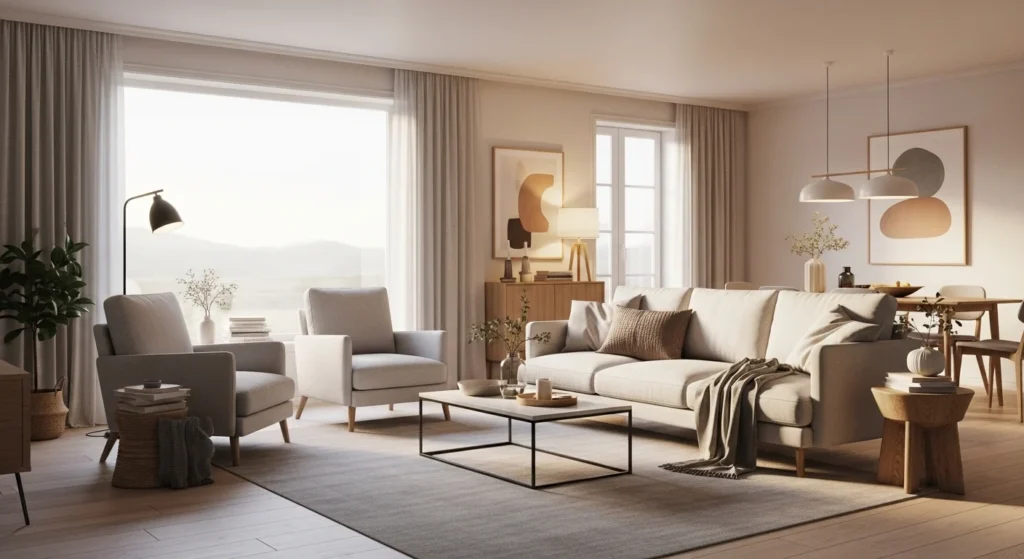 Relaxing white living room designed for everyday comfort with soft modern styling