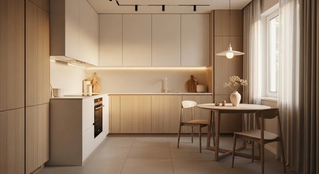 Minimalist cozy kitchen with warm neutral tones and clean modern layout