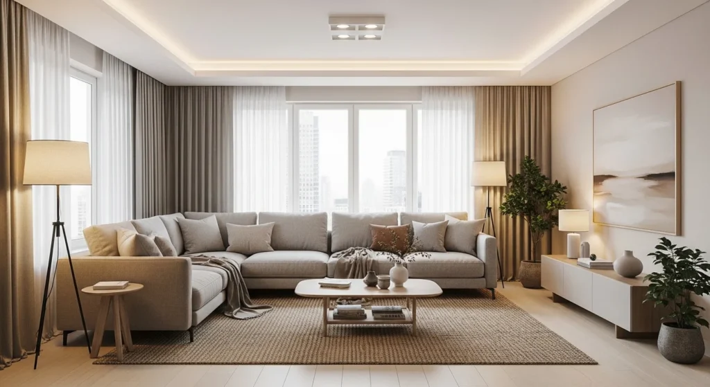 Comfortable apartment living room designed with neutral tones for everyday relaxation