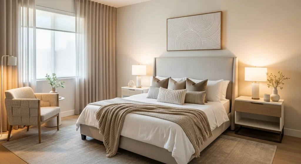 Beige guest bedroom with elegant textures, modern furniture, and warm lighting