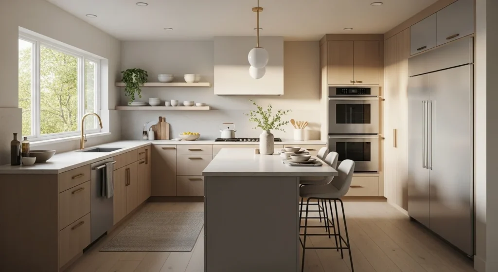 Soft neutral modern kitchen designed for comfort, functionality, and everyday living.