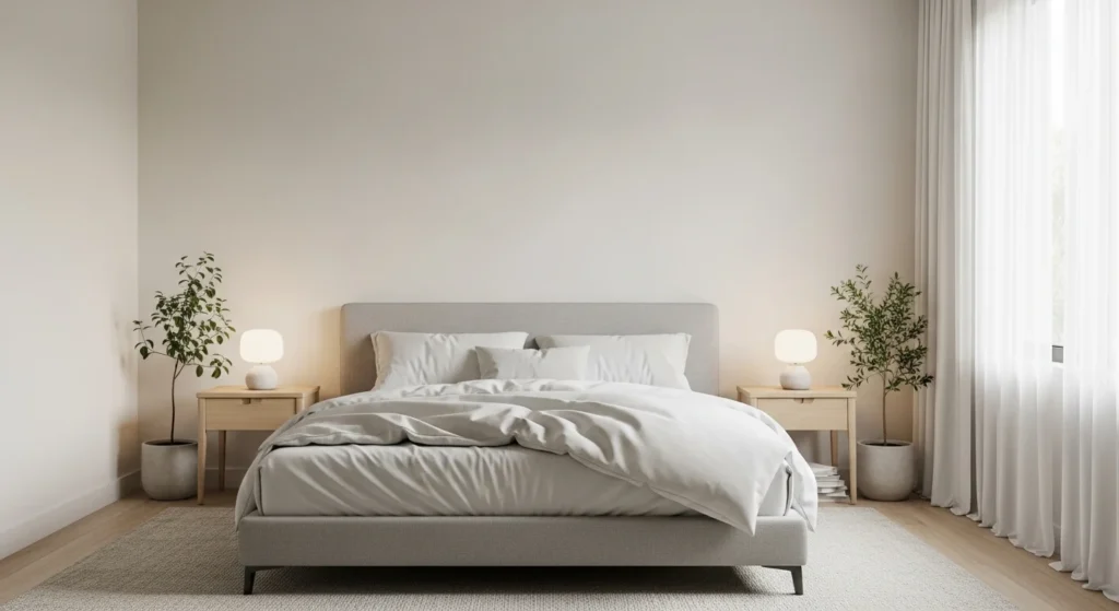 Peaceful minimalist bedroom designed for comfort and stress-free daily living
