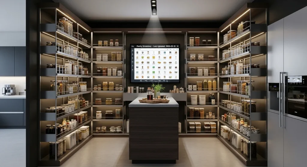 futuristic walk-in pantry with smart lighting and digital inventory system