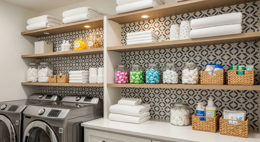Laundry pantry shelves with decorative tile backsplash adding visual interest