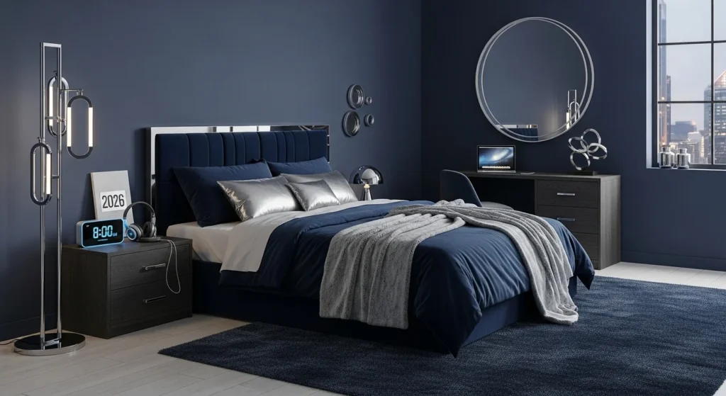 Teen bedroom with navy walls, velvet bedding, and metallic accents