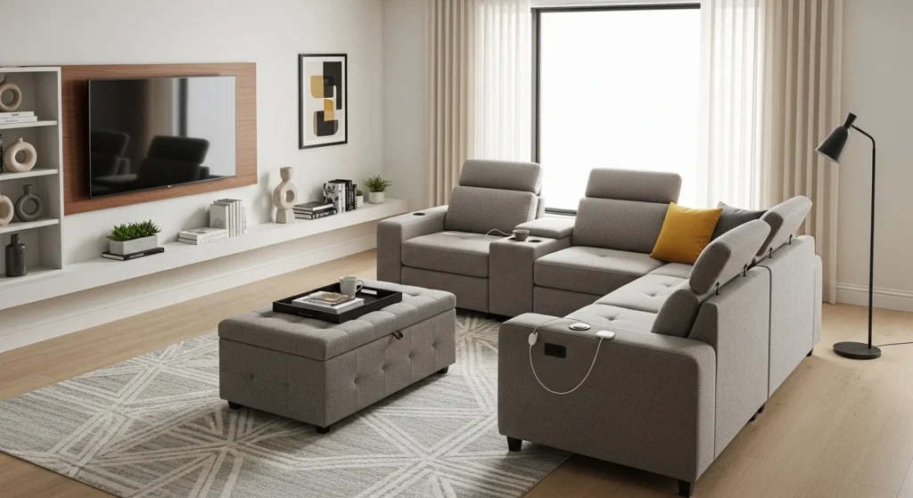 Living room with multi-functional sofa and storage ottoman, modern 2026