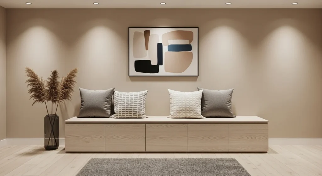 unctional hallway with storage bench seating and organized design