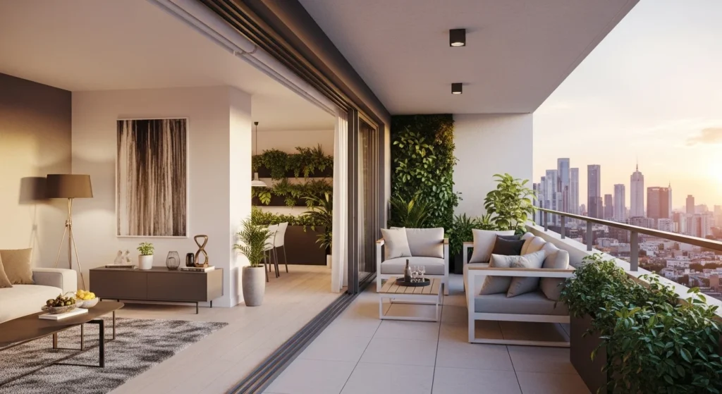 Apartment living area connected to balcony creating indoor outdoor flow