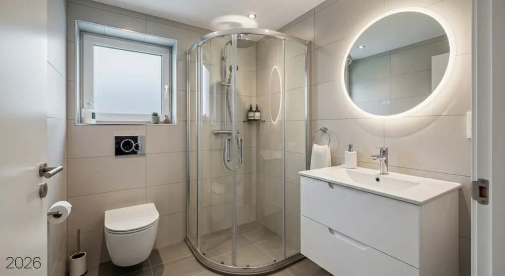 Small bathroom with curved corner frameless shower, modern compact 2026 interior