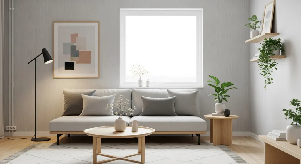 Minimal clutter-free Scandinavian living room with calm neutral styling