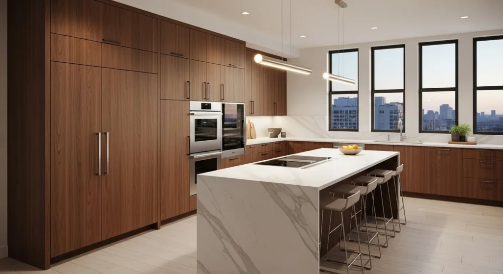 Kitchen with wooden panel appliances blending with cabinets, seamless warm 2026 interior