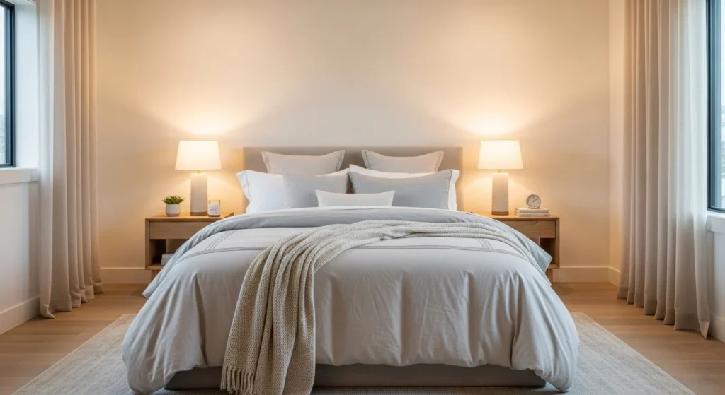Guest bedroom designed for comfort with soft bedding and peaceful neutral decor