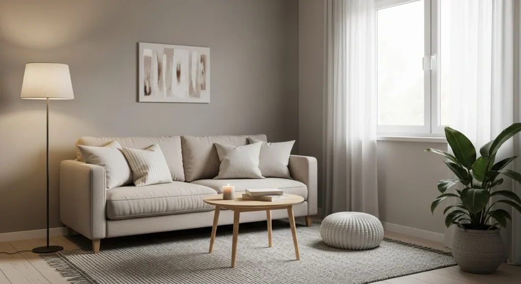 Compact living room designed as a calm sanctuary with soft neutral tones and peaceful lighting