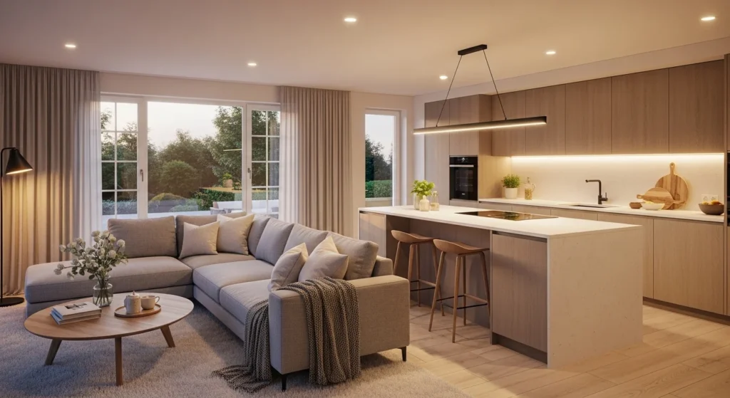 Peaceful open kitchen living room designed for comfortable everyday modern living