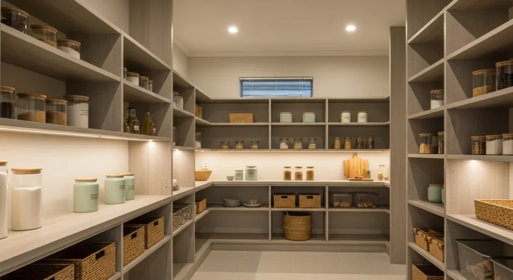 neutral beige and grey walk-in pantry creating a calm modern storage space