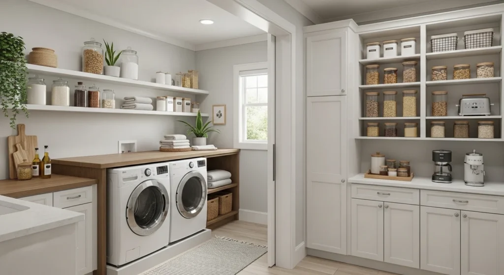 Multi purpose laundry room combining pantry storage and folding workspace