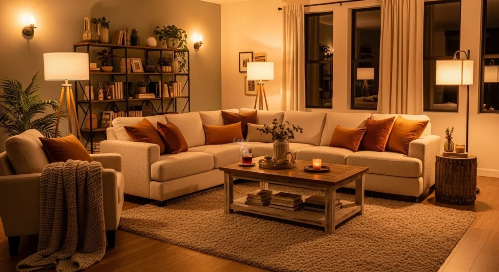 Comfortable living room design with cozy furniture and warm lighting