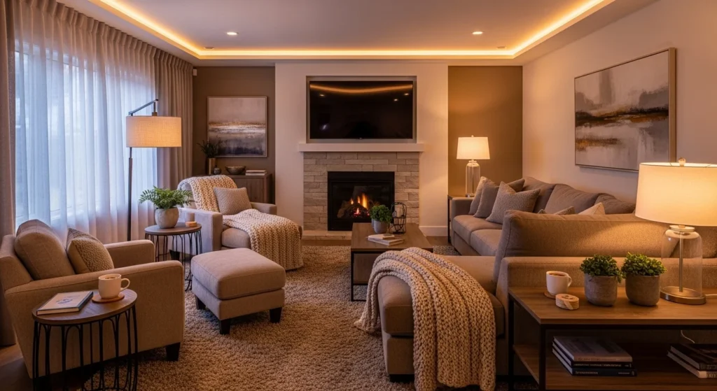 Living room with comfort-focused layout, soft seating, cozy lighting, 2026