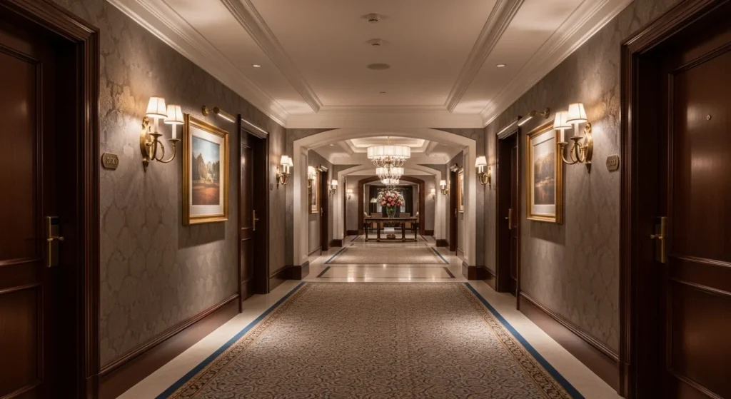 Elegant hallway inspired by hotel interiors with wall sconces and soft carpet